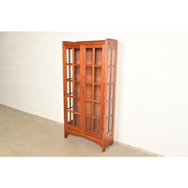 Stickley Stickley Mission Arts and Crafts Cherry Wood Lighted Bookcase Cabinet or Display Cabinet For Sale - Image 4 of 16