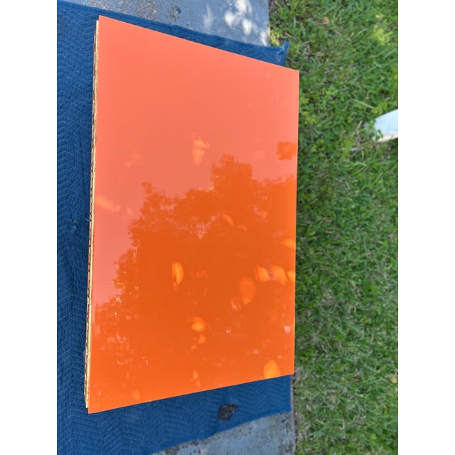Mid-Century Modern Style High-Gloss Orange Lacquered Wood and Lucite Greek Key Coffee Table by Julio Jimenez For Sale - Image 17 of 17