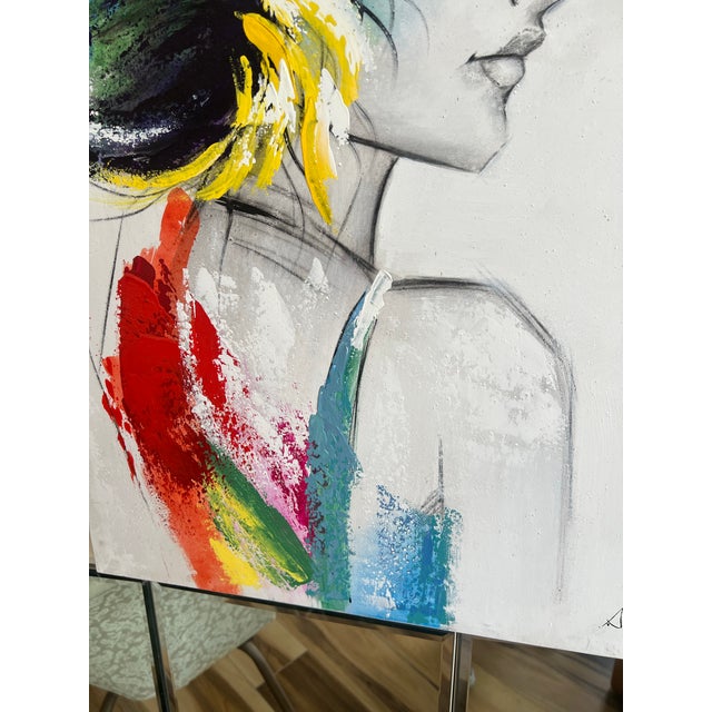 1980s Vintage Postmodern Style 1980s Canvas Oil Painting Wall Art Signed Women Portrait For Sale - Image 5 of 7