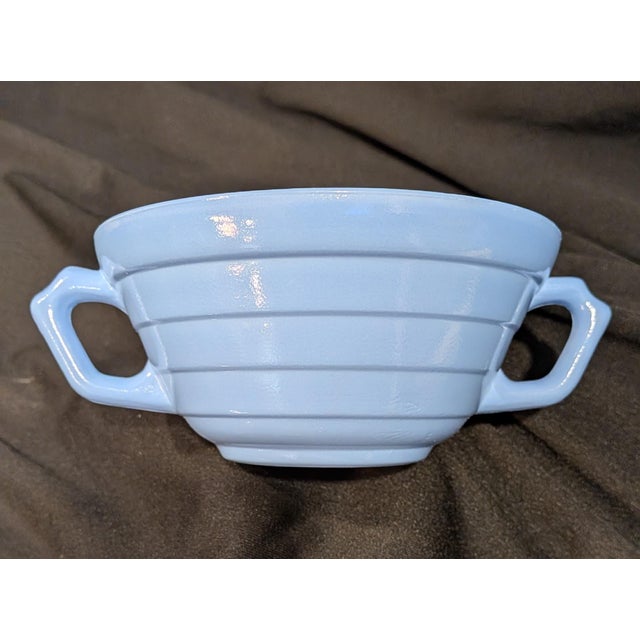 Blue Vintage 1940s Hazel-Atlas "Moderntone" Platonite Pastel Handled Cream Soup Bowls - Yellow & Blue Set of 4 For Sale - Image 8 of 8