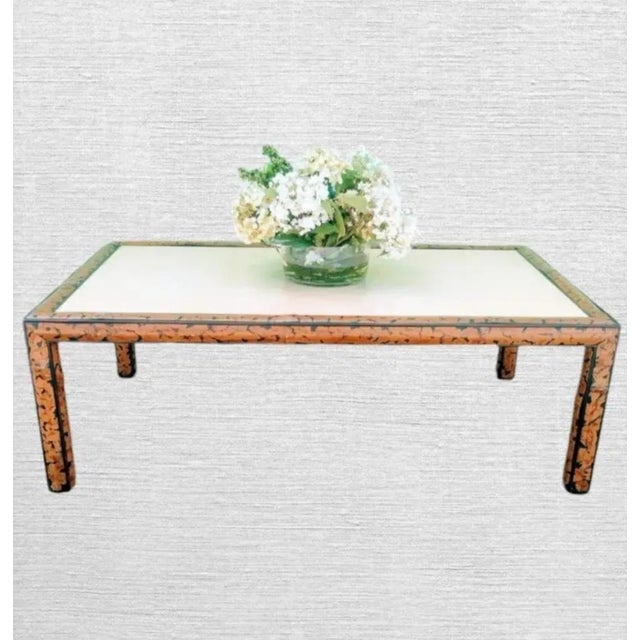 1990s Theodore Alexander Style Bamboo Faux Tortoiseshell Faux Goat Skin Large Regency Style Coffee Table For Sale - Image 12 of 12