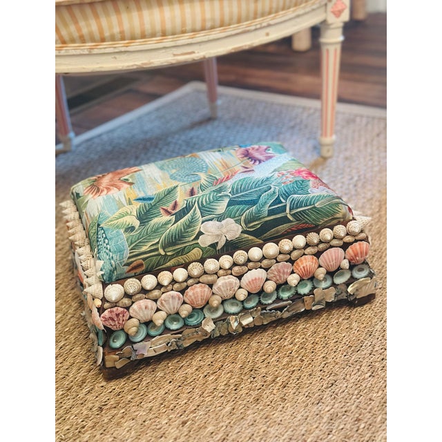 1920s Antique Footstool Covered in Shells, Reupholstered in Designer Velvet For Sale - Image 5 of 11