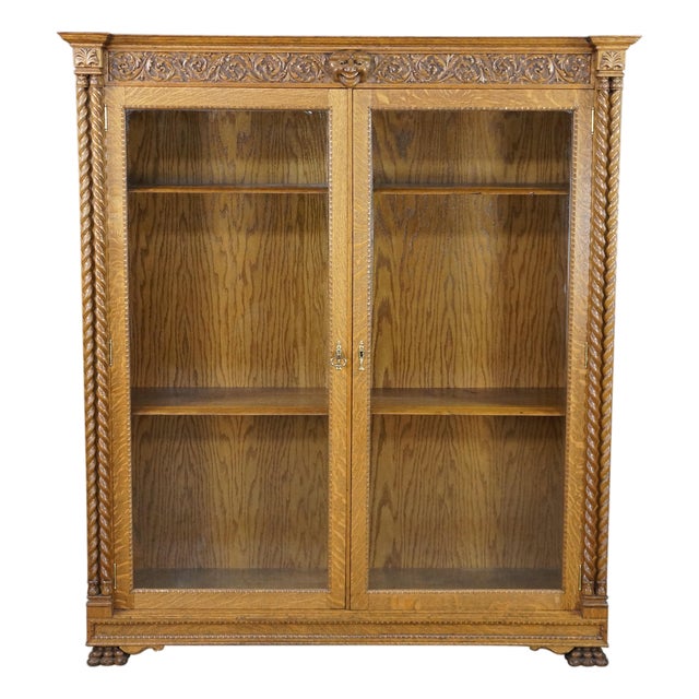 Antique American Renaissance Revival Quartersawn Oak Bookcase Display Cabinet For Sale