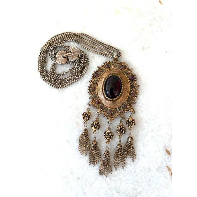 Stunning statement, Pease, vintage gold tone, BoHo necklace with purple glass accents stones