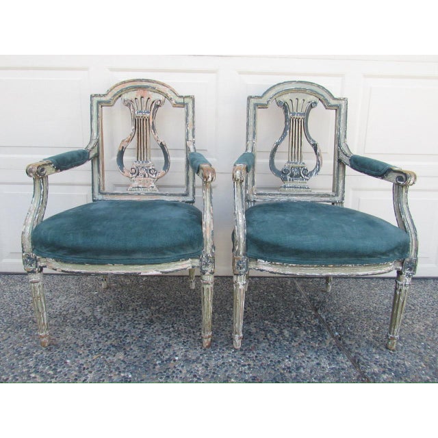 Pair of antique French crusty painted bergere armchairs, c.1850 These chairs could tell quite the story with their...
