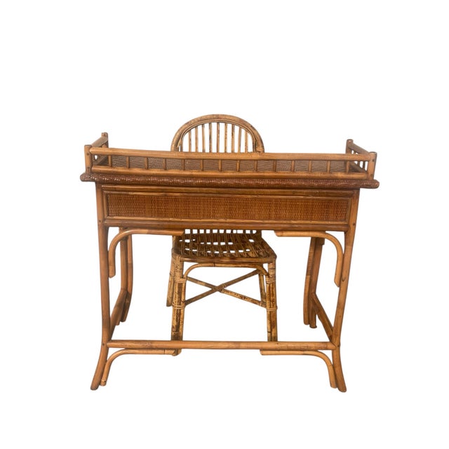 1950s MCM Natural Rattan Bamboo Writing Desk Table & Chair Set For Sale - Image 4 of 7