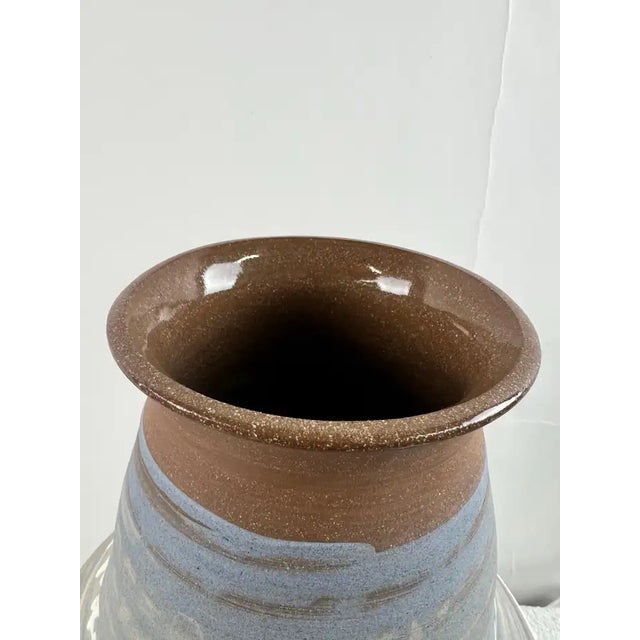 Vintage Handmade Pottery Vase With Blue & Earth-Tone Swirl Glaze For Sale - Image 11 of 12