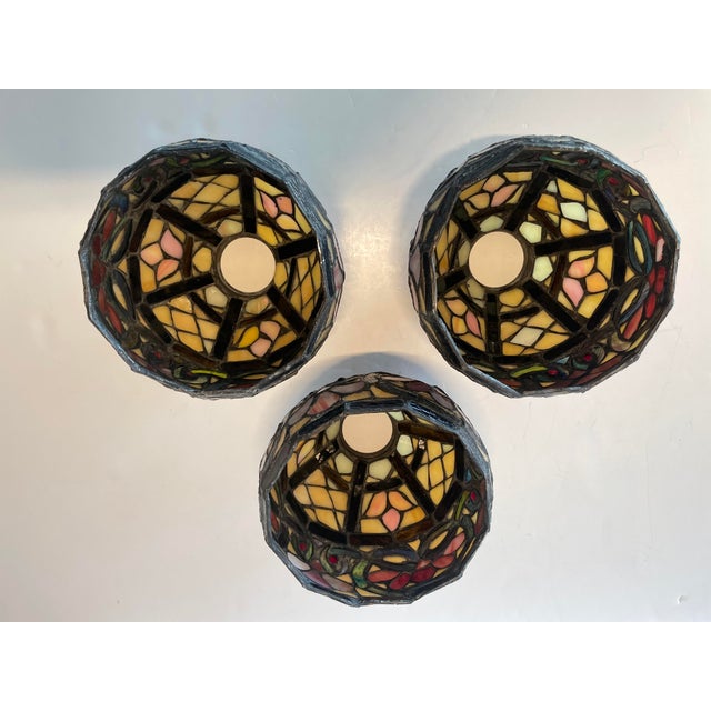 Black Vintage Tiffany Style Leaded Glass Stained Glass Shades for Pendant / Chandelier - Set of 3 For Sale - Image 8 of 12