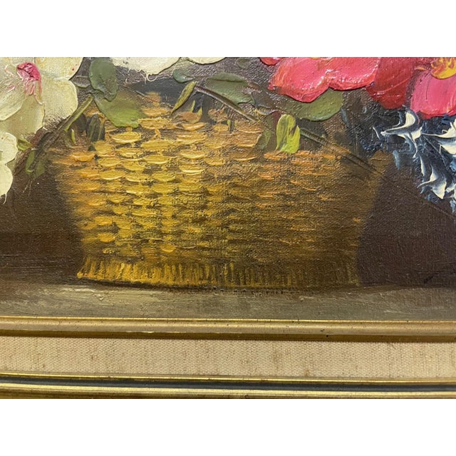1960s Mid-Century Modern Impasto Floral Still Life in Basket – Signed m.i. Doyle For Sale - Image 4 of 10