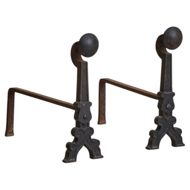 Pair of French Wrought-Iron Andirons, 1930s For Sale