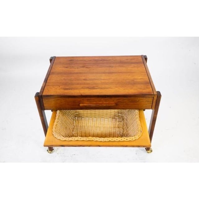 Brown Mid 20th Century Near Pair of Danish Modern Sewing /Side Tables With Woven Baskets in the Style of p.j. Møbler – Rosewood & Teak For Sale - Image 8 of 11
