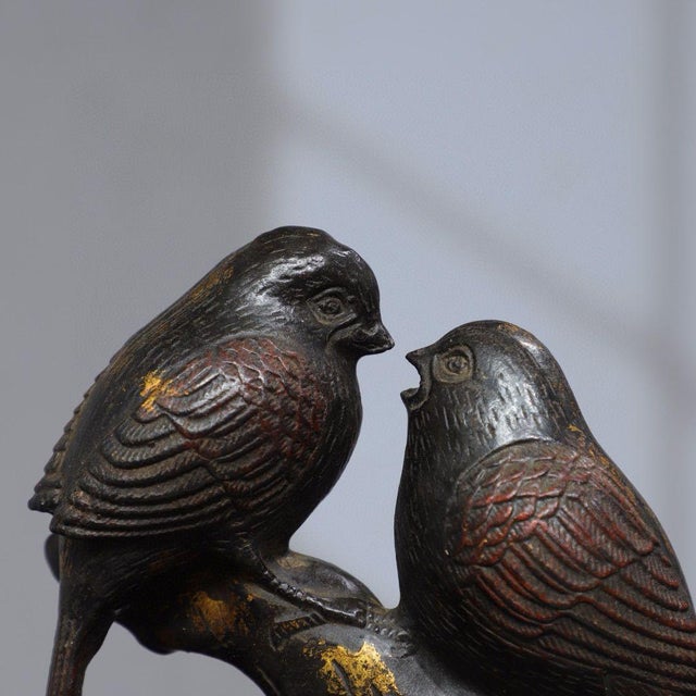 Metal Gilt Metal Double-Bird Figurine — Aged Patina, Engraved Auspicious Base For Sale - Image 7 of 9