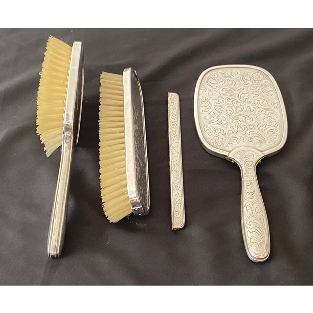 European Silver 835 With Crescent and Crown Hallmark Vanity Set Brush, Mirror, Comb Cover, Clothes Brush - 4 Pieces Mid 20th Century For Sale In Denver - Image 6 of 12