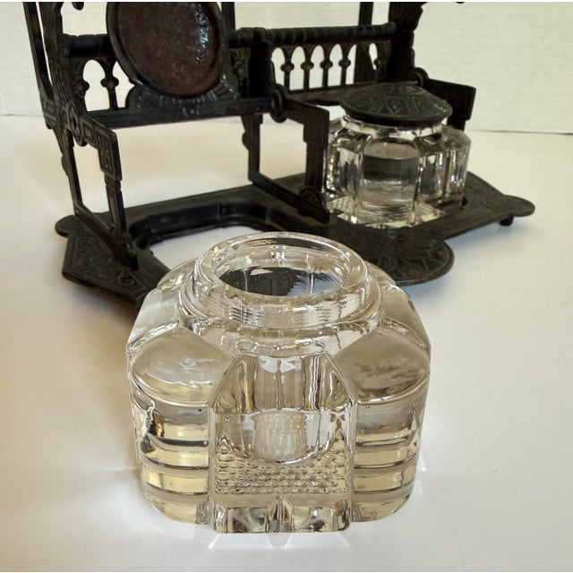 Black Antique 1879 Patent Double Inkwell With Cast Metal Stand, Pen Rests and Crystal Glass Ink Pots For Sale - Image 8 of 15