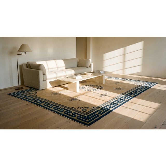 Sublime Rose Color With Peculiar Geometric Desing Antique Chinese Peking Rug For Sale - Image 16 of 17