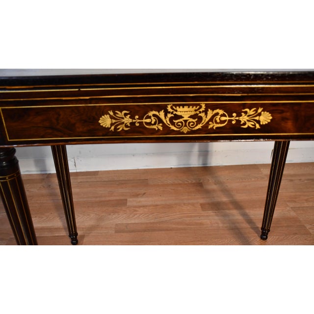 Brown 1860s Antique English Rosewood Brass Inlay Flip Top Game Table / Sofa Table For Sale - Image 8 of 12