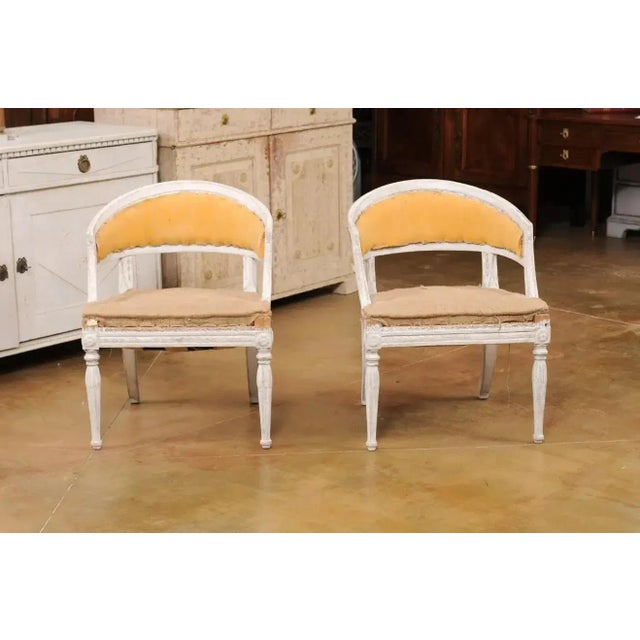 Swedish Gustavian Style Painted Tub Chairs with Carved Campanula Friezes - A Pair For Sale - Image 4 of 13