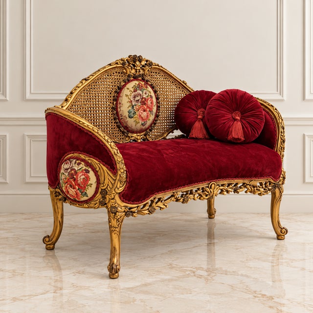 Make a bold statement with this French Rococo-inspired sofa, beautifully upholstered in rich burgundy velvet with deep...
