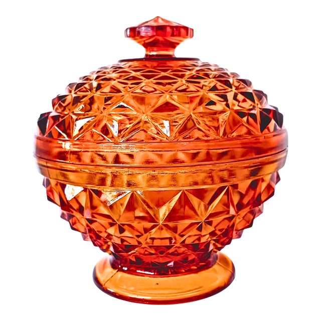 1950s Heavy Amberina Glass Diamond Point Pattern Covered Candy Dish For Sale