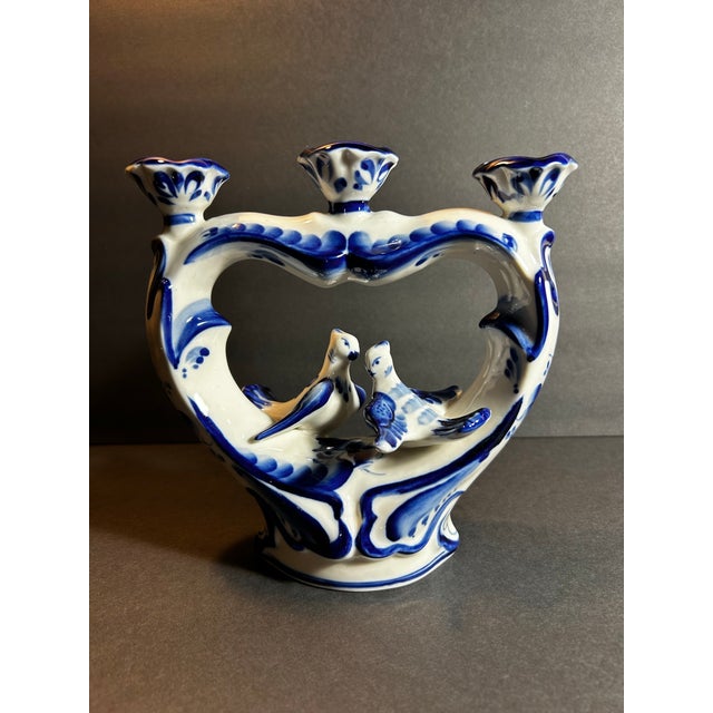 Figurative Blue and White Porcelain Heart Shaped Candelabra With Two Doves For Sale - Image 3 of 8