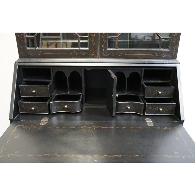 Black Ethan Allen Newport Collection Contemporary Asian Inspired Black 41" Secretary Desk W. Bookcase Hutch Top 34-9408 For Sale - Image 8 of 17
