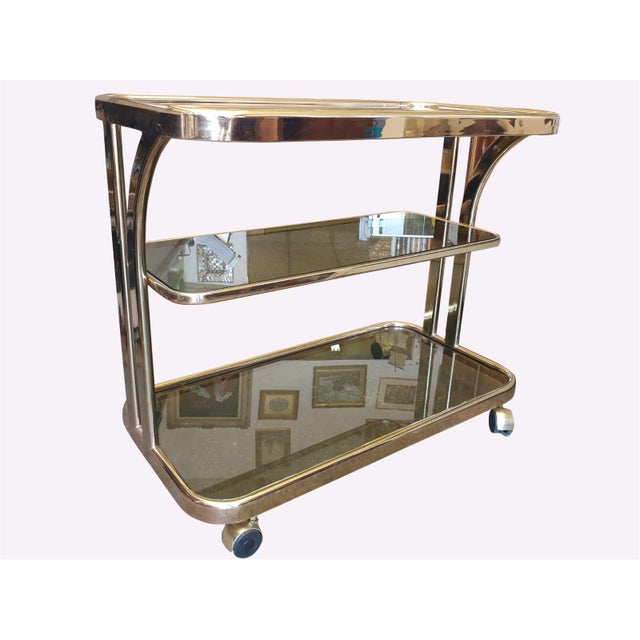 Mid-Century Modern Vintage Italian Brass and Smoked Glass Bar Cart, 1970s, 1960s For Sale - Image 3 of 10