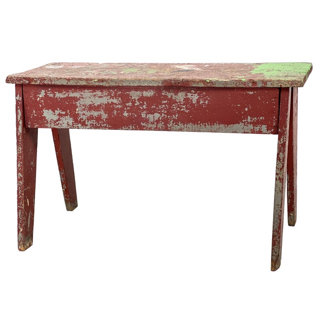 Vintage 1940s Long Distressed Painted Dark Red & Green Primitive Wood Bench Stool For Sale - Image 4 of 10