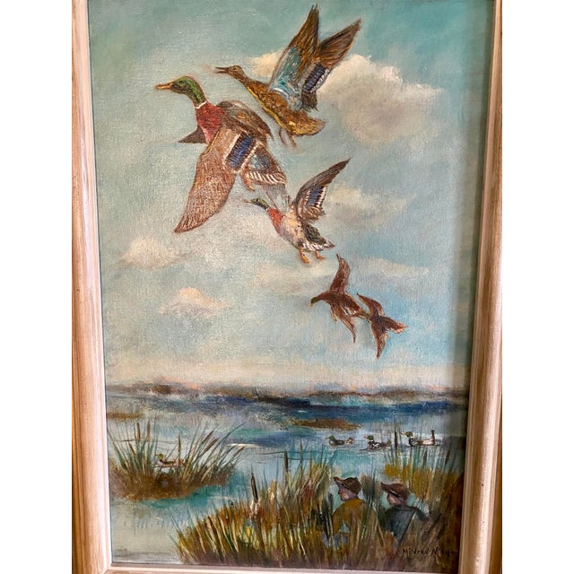 1960s Waterfowl Ducks Hunting Scene Framed Oil on Canvas by Mildred Niesse For Sale - Image 5 of 17