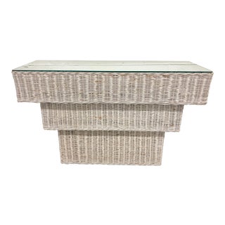 Vintage Boho Chic Wicker Basket Woven Console Table For Sale