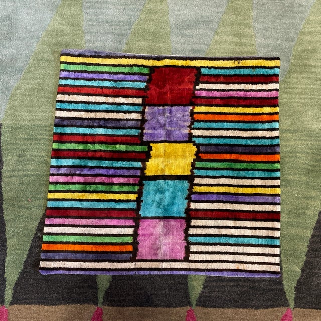 Blue Silk Ikat Stripe Colorblock Pillow For Sale - Image 8 of 10