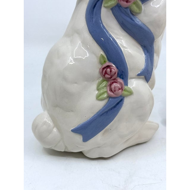Vintage Porcelain Floral Rose and Blue Bow Bunny Rabbit Statues- A Set For Sale In New York - Image 6 of 10