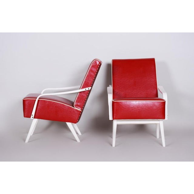 1950s Mid-Century Red Leather and Beech Armchairs, Czechia, 1950s, Set of 2 For Sale - Image 5 of 11