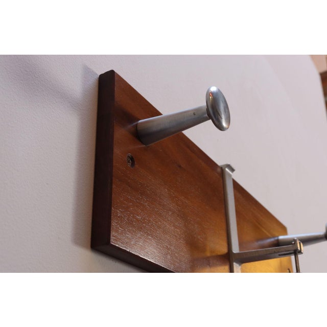 Vintage Walnut and Anodized Aluminum Wall Mounted Coat Rack With Two Hangers For Sale - Image 11 of 13