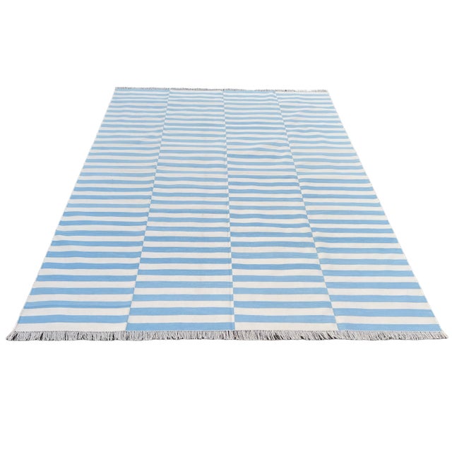 Sky Blue Handmade Reversible Cotton Vegetable Dyed Blue and White Striped Rug-8'x10' For Sale - Image 8 of 11