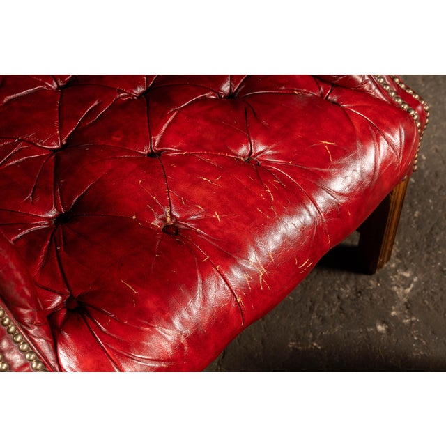 Wood Vintage Leather Chesterfield Wingback Chair With Ottoman in Red by Ethan Allen For Sale - Image 7 of 13