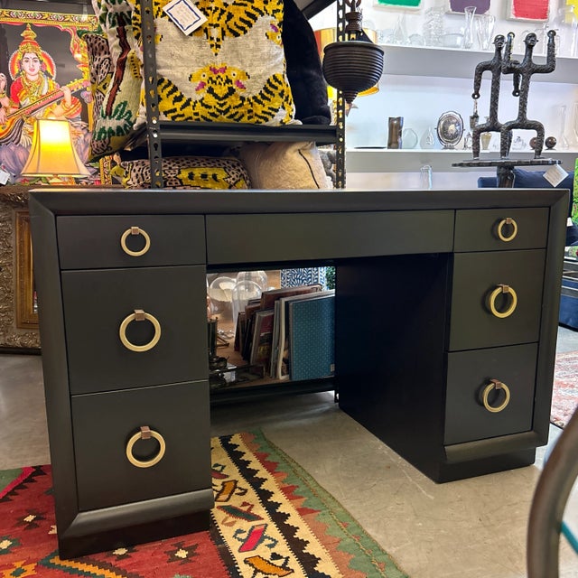 John Widdicomb t.h. Robsjohn-Gibbings for Widdicomb Ebonized Desk With Solid Brass Ring - Pulls Signed For Sale - Image 4 of 12