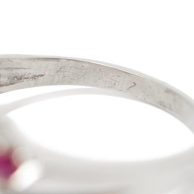 Metal Antique 14k White Gold 1.33ctw Old Cut Diamond Ruby Three Stone Cocktail Ring, Size 7.25 For Sale - Image 7 of 9