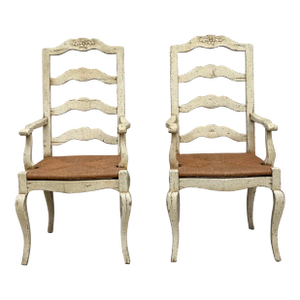Pair of French Country Antiqued Ladder Back Dining Arm Chairs