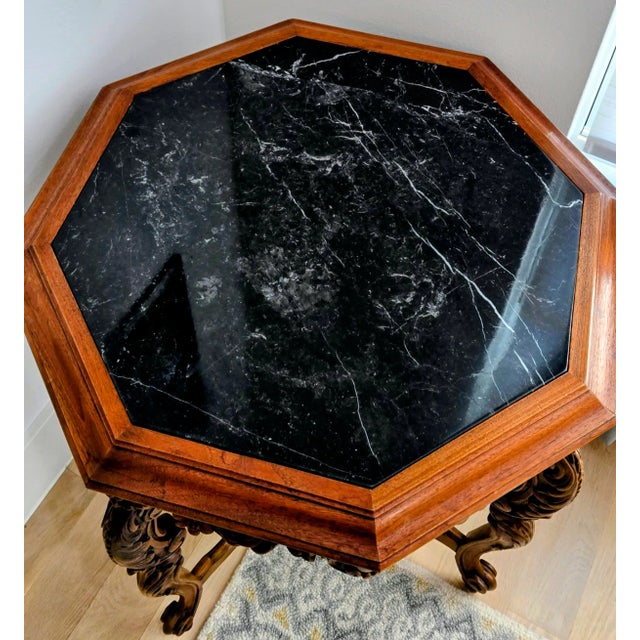 Victorian Victorian Octagonal Black Marble Accent Table – Ornate Carved Wood Base For Sale - Image 3 of 9