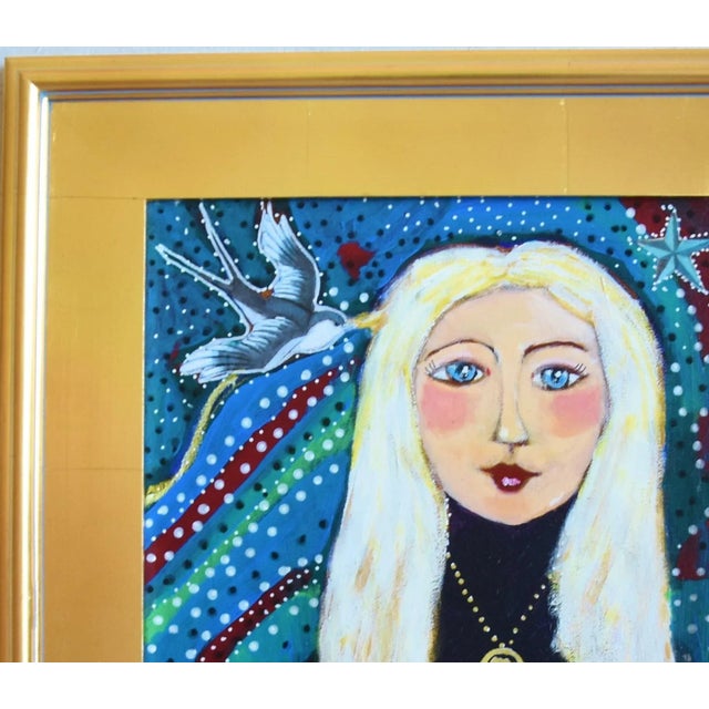 French Blue-Eyed Mademoiselle W/ Long Blonde Hair and Bird Painting Including the Antiqued Gold Wood Frame For Sale - Image 4 of 10