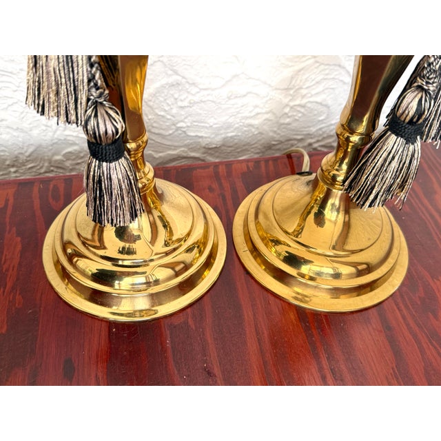 Metal Late 20th Century Brass Candlestick Lamps With Tassels - Pair For Sale - Image 7 of 10