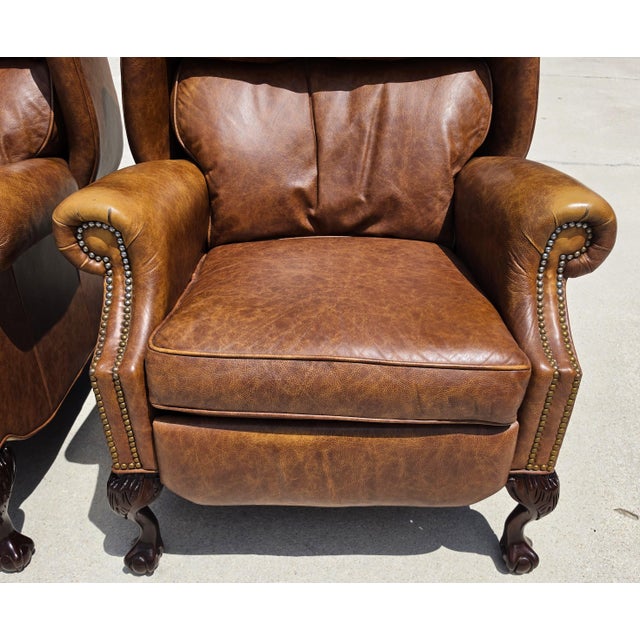 Vintage Motioncraft Chippendale Leather Wingback Recliners Ball & Claw Pair For Sale - Image 13 of 16