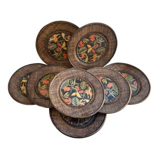 Set of 8 Woven Rattan & Tropical Print Plate Chargers For Sale