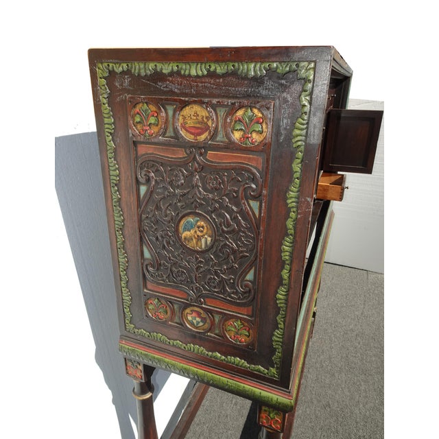Antique Spanish Style Carved Vargueno Bargueno Drop Front Secretary Desk Cabinet For Sale In Los Angeles - Image 6 of 18