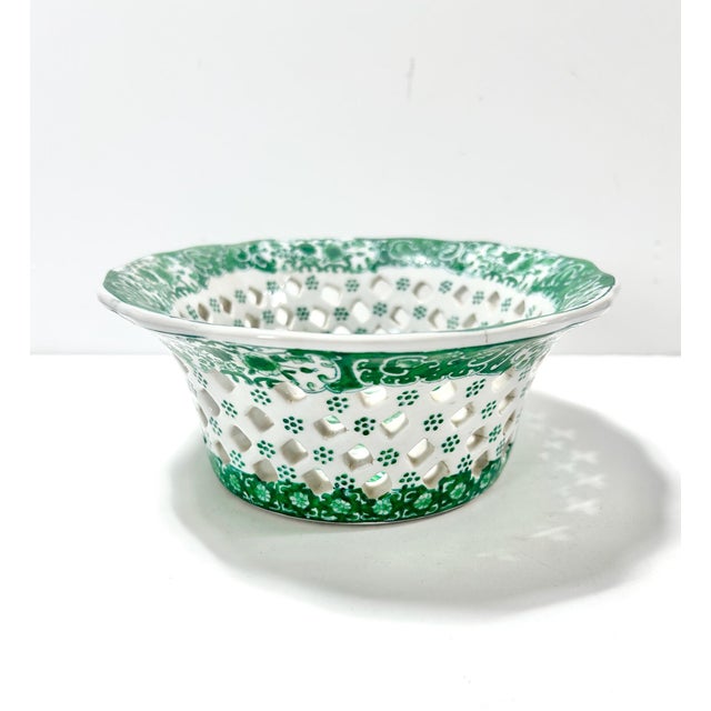 Vintage Green Chinoiserie Reticulated Porcelain Centerpiece Bowl / Pierced Decorative Bowl For Sale - Image 4 of 9