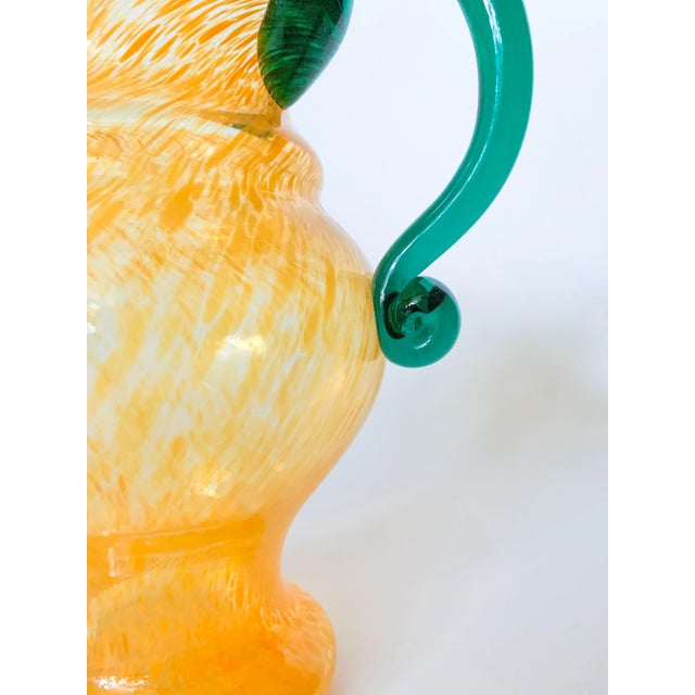 Late 20th Century Vintage Blown Glass Urn Pitcher With Orange Swirl Glass and Green Applied Handle For Sale - Image 5 of 8