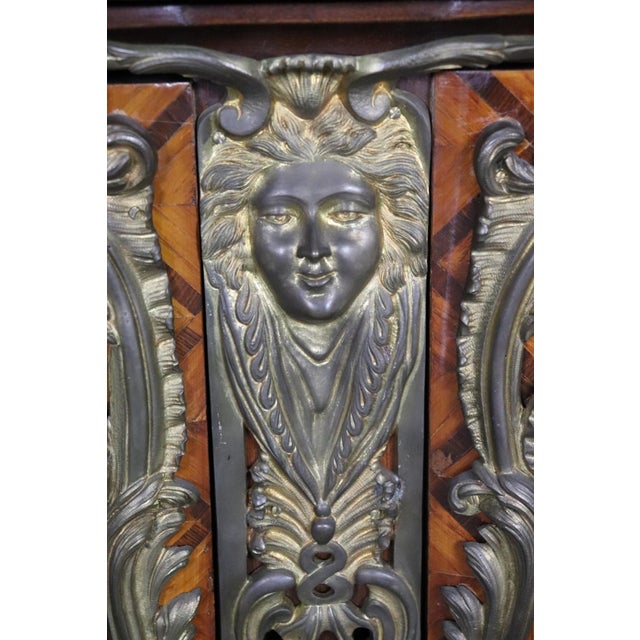 French 1920s Monumental Grand Inlaid Bronze Mounted French Louis XV Style Marble Top Commode For Sale - Image 3 of 15