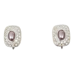 Vintage Signed Napier Rhodium Plated Cabochon Faux-Hematite Clip Earrings - 2 Pieces