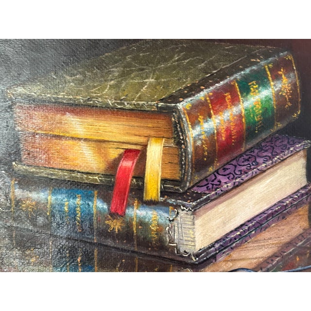 Textile Framed Oil on Canvas "Libros Y Gafas" - "Books and Glasses" by Florencio Barandiaran Maza, Late 20th Century For Sale - Image 7 of 8
