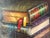 Textile Framed Oil on Canvas "Libros Y Gafas" - "Books and Glasses" by Florencio Barandiaran Maza, Late 20th Century For Sale - Image 7 of 8